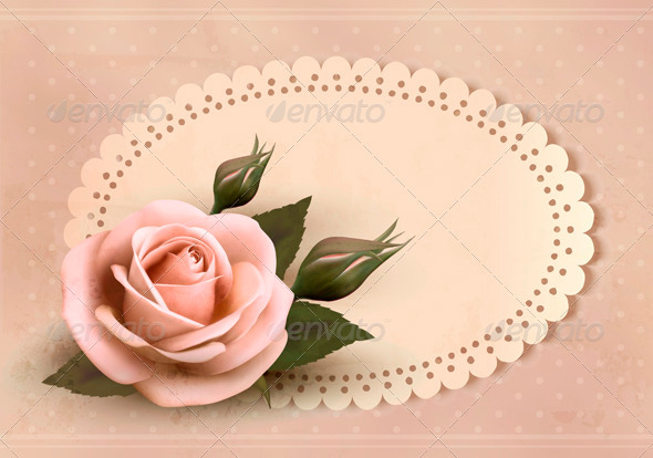 Retro greeting card with pink rose and bud - Weddings Seasons/Holidays