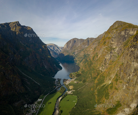 Naeroyfjord, branch of the Sognefjord, near Gudvangen, Norway - Stock Photo - Images
