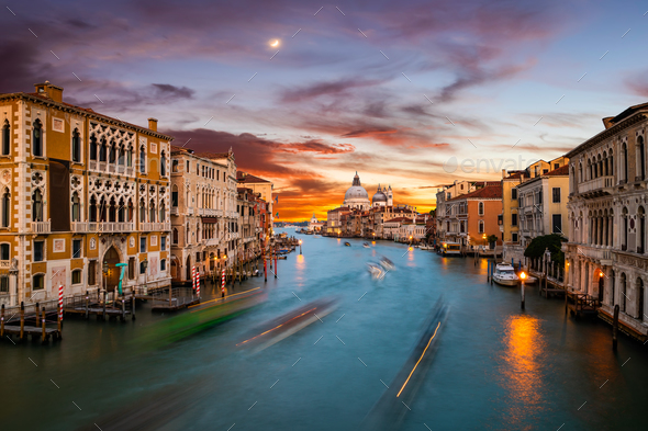 Grand Canal and Basilica Santa Maria della Salute at sunset, Venice, Italy. - Stock Photo - Images