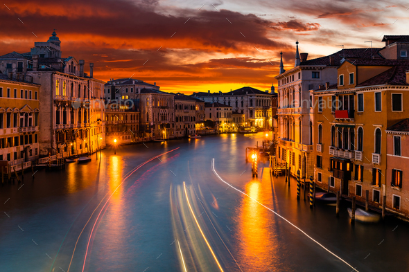 Grand Canal at sunset, Venice, Italy. - Stock Photo - Images