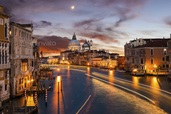 Grand Canal and Basilica Santa Maria della Salute at sunset, Venice, Italy. - Stock Photo - Images