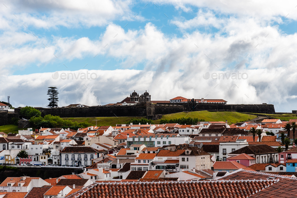 Panoramic view of the colonial old town of Angra do Heroismo - Stock Photo - Images