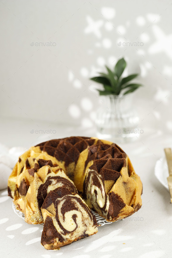 Slice Chocolate Marble Vanilla Bundt Cake or Zebra Cake
