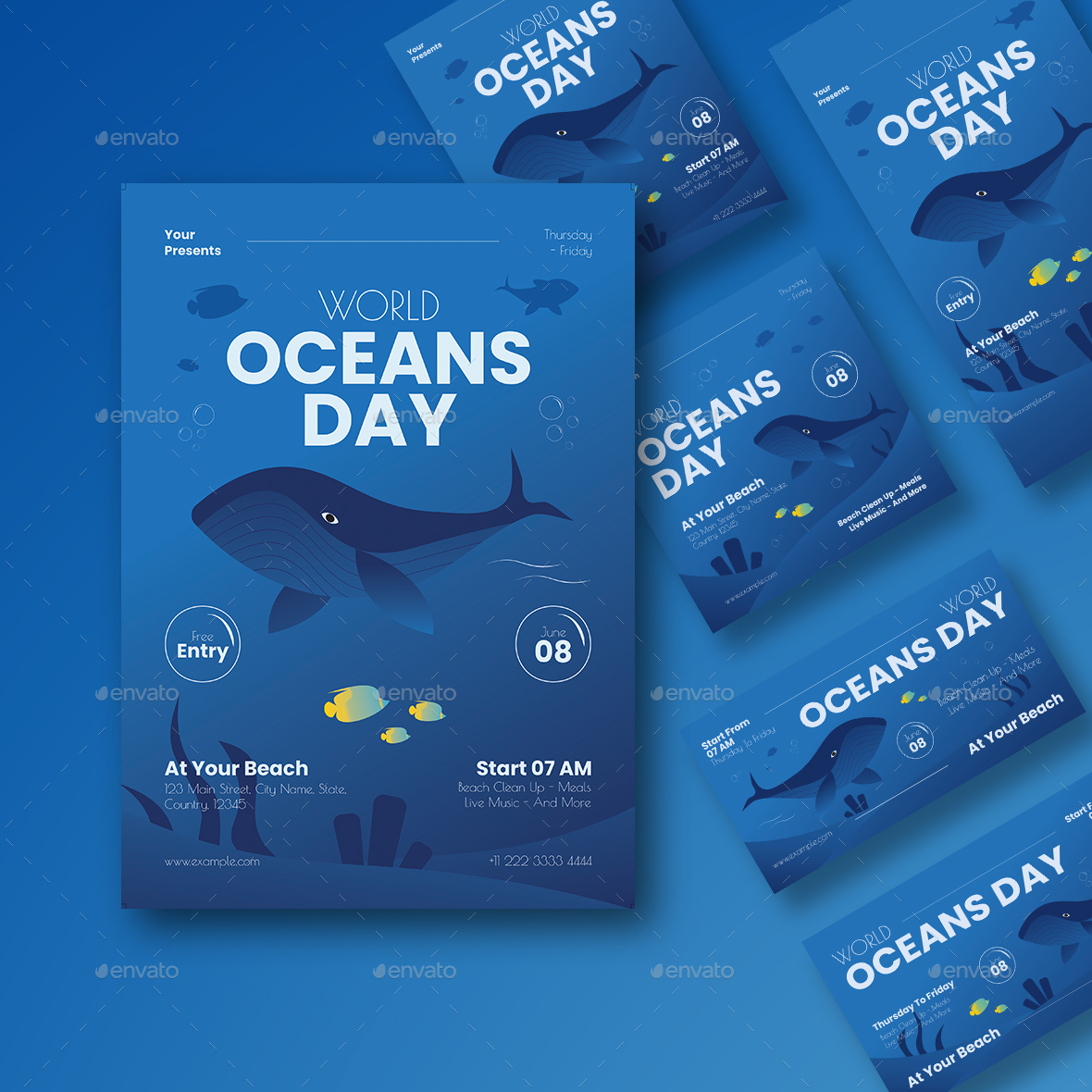 Blue Gradient World Oceans Day Flyer Set by fajtribe | GraphicRiver