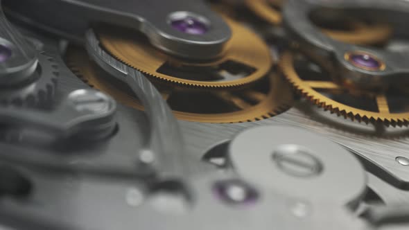 Closeup on the luxury watch with gears and mechanism visible through the glass. alt