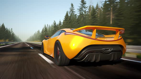 Sports car driving fast through the forest. High speed automotive concept.
