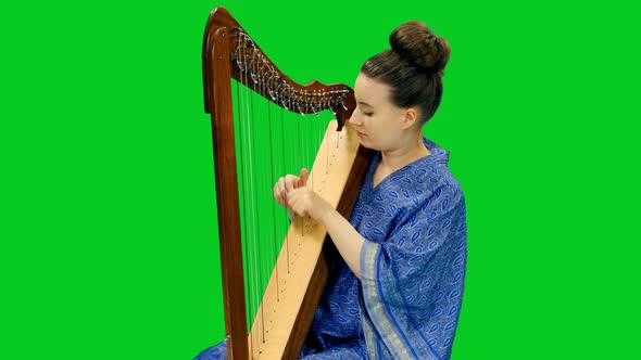 Young Woman In Traditional Indian Dress Playing Harp On Green Screen