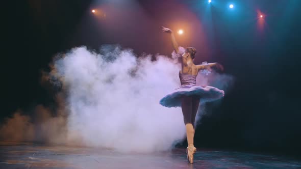 Ballet. Graceful ballerina dancing elements of classical ballet in the beautiful light and smoke on