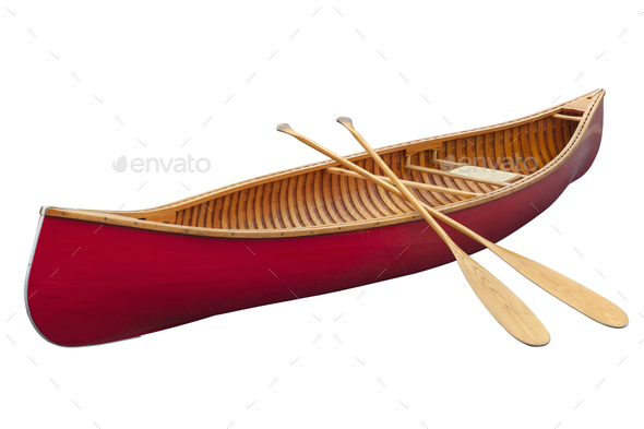 Red wooden canoe with paddles isolated on a white background - Stock Photo - Images