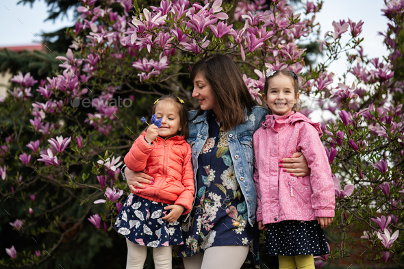 Happy Mother's Day. Mother with two daughters enjoying nice spring day near magnolia blooming tree. - Stock Photo - Images
