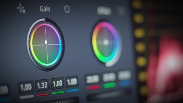 Color grading control edit on monitor. Showing adjust color. Video Colour Correction Post Production alt