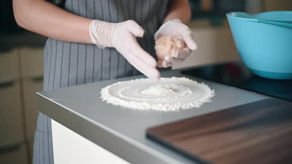 Woman's Hands Making Minced Steak Cutlets or Meat Balls of Forcemeat. Pouring Out Cutlets in Flour alt