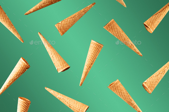 Ice cream cones pattern. Green gradient background. Sweet, summer and empty concept - Stock Photo - Images
