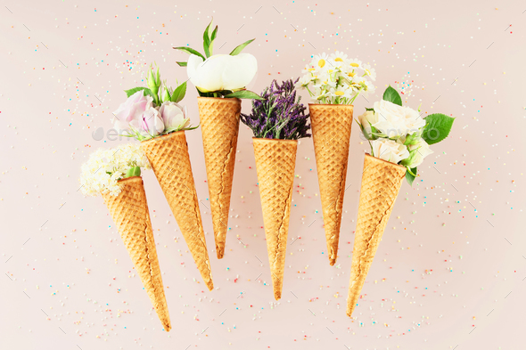 Flat-lay of waffle cones with flowers over pastel light pink background, top view - Stock Photo - Images