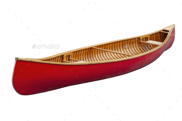 Red wooden canoe with cane seats isolated on a white background - Stock Photo - Images