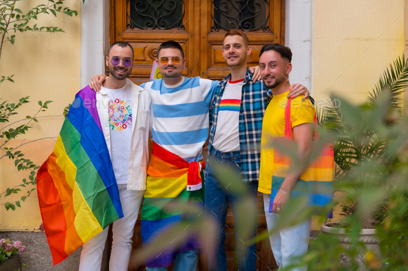 Lgbt concept, portrait of gay men friends having fun at gay pride party, diversity of young people