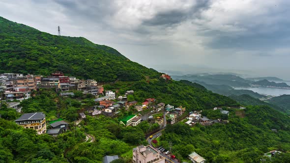 time lapse of Jiufen village with mountain and east china sea, Taiwan