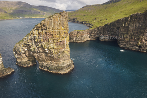 Faroe islands dramatic coastline viewed from helicopter. Vagar cliffs - Stock Photo - Images