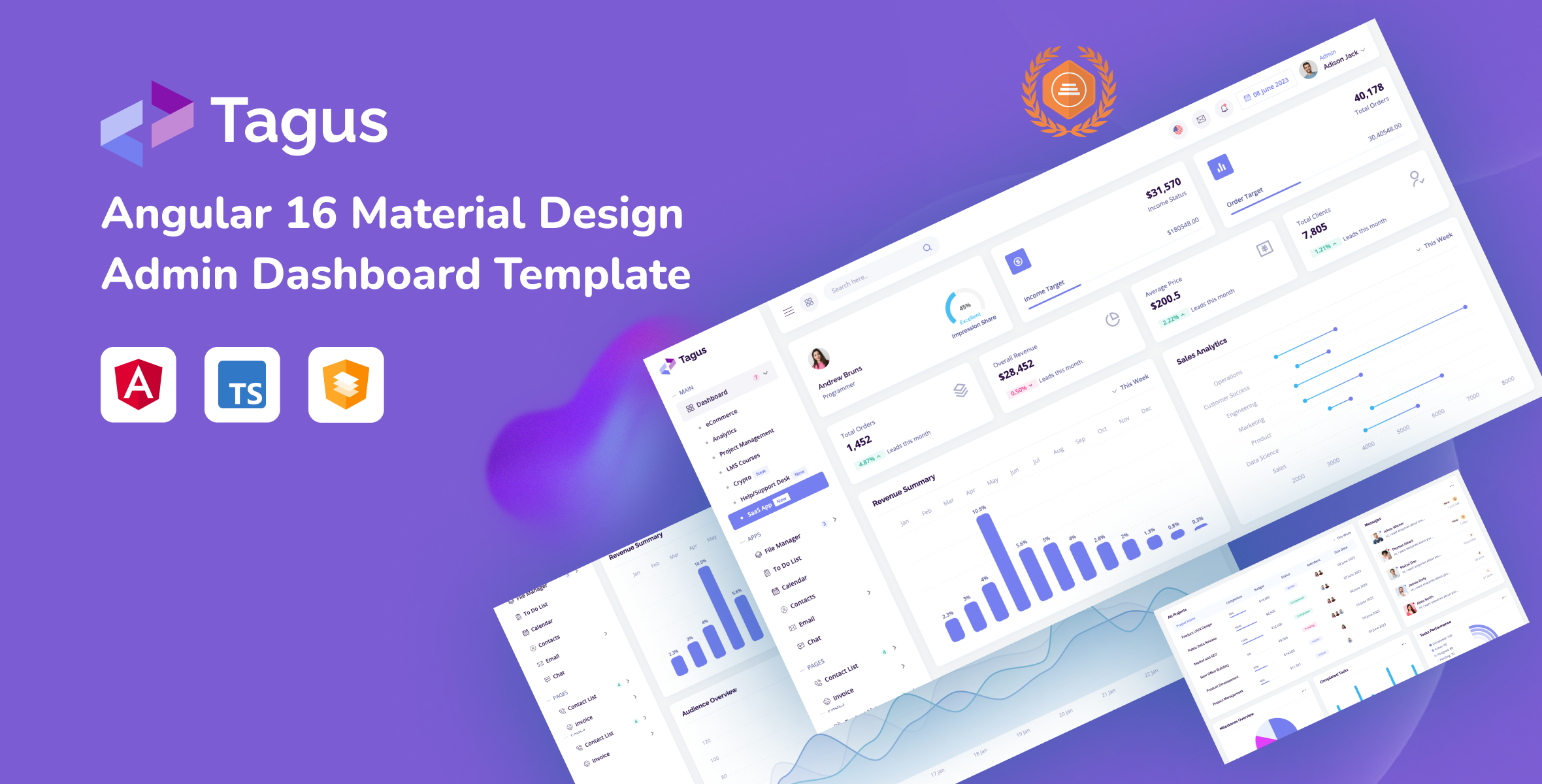 Tagus - Angular 16 Material Design Admin Dashboard Template by EnvyTheme