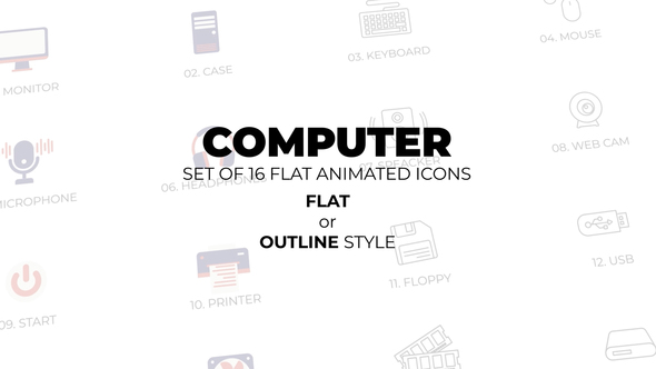 Computer - Set of 16 Animated Icons Flat or Outline style Elements template preview