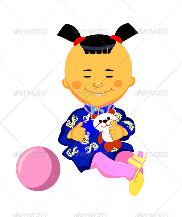 Vector Chinese little girl plays with a panda