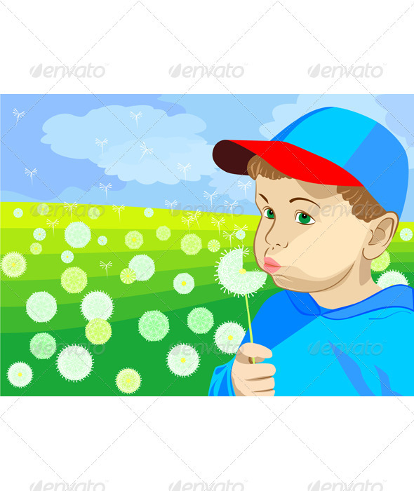 Vector boy blowing on a dandelion in the meadow