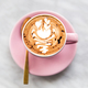 Pink cup of cappuccino with swan latte art on marble table background. - PhotoDune Item for Sale