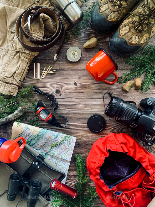 Travel camping essentials flat lay overhead with some of the most important outdoor  gear items Stock Photo by MyLove4Art