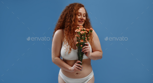 Full Body Shot Of Young Beautiful Redhead Woman In Lingerie Stock