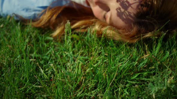 Relaxed Redhar Woman Touching Face with Spring Flower on Green Grass Background alt