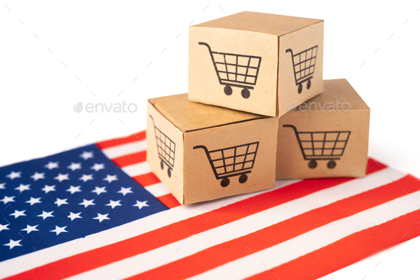 Box with shopping cart logo and USA America flag