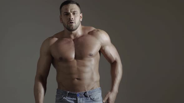 Muscular Topless Sexy Man. Naked Bodybuilder. Male Hunk with Athletic Body. alt