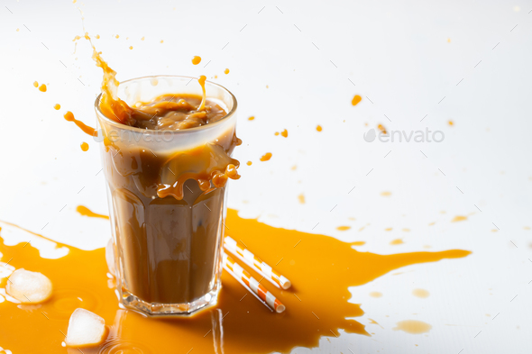 Splash of iced coffee in tall glass and coffee beans. Stock Photo