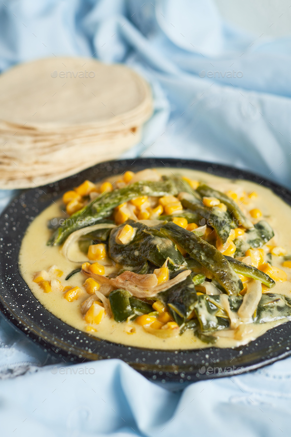 Authentic Mexican rajas, made with poblano peppers, cream, cheese and