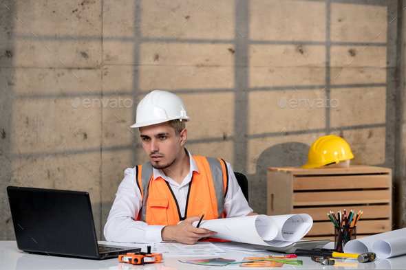 engineer civil worker in helmet and vest smart young handsome cute guy on zoom call