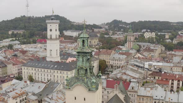 Aerial Drone Video of European City Lviv Ukraine Rynok Square Central Town Hall Latin Cathedral alt