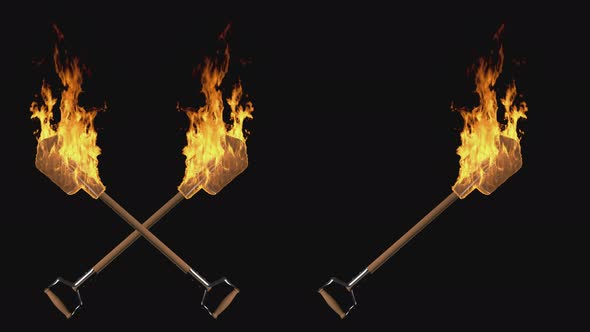 Animation of a shovel that burns like a bonfire on a transparent background.