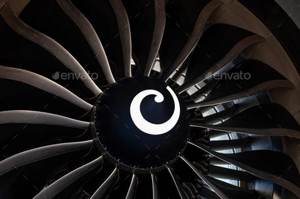 Plane background. Airplane turbine blades close-up. Airplane engine. Turbines blade. Aviation