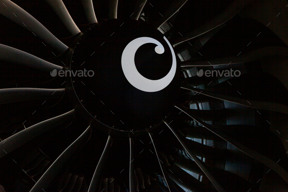 Turbine blades of an aircraft jet engine. Close up Turbines Engine. Aviation Technologies. Aircraft