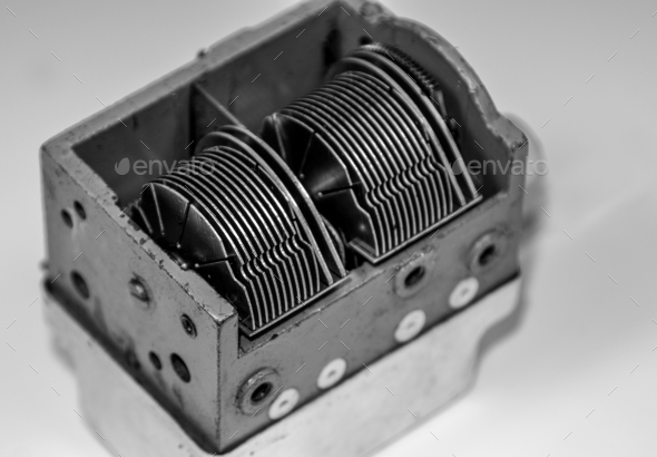 an old variable capacitor in black and white