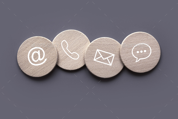 Icon of communication type on wooden circle. Contact us or Customer support hotline people connect.