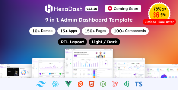 HexaDash | Tailwind, React, Svelte, Vue, Laravel, Nodejs, Django & HTML Admin Dashboard Template