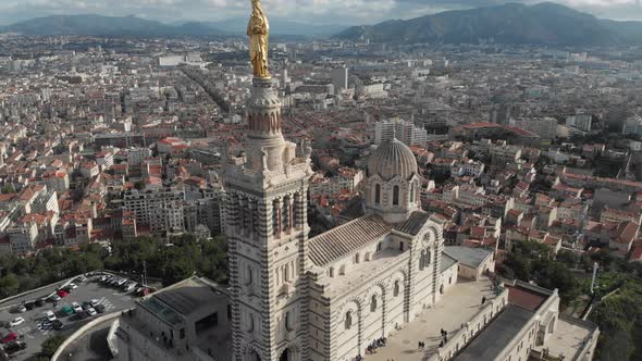 Aerial view of the basilica Notre Dame de la Garde in Marseille. France 2020 alt