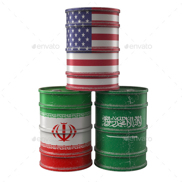 Old Oil Drums with Saudi Arabia, Iran and USA national flags.