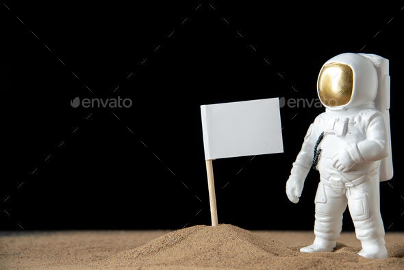 front view of white astronaut with white flag on dark floor cosmic discovery moon