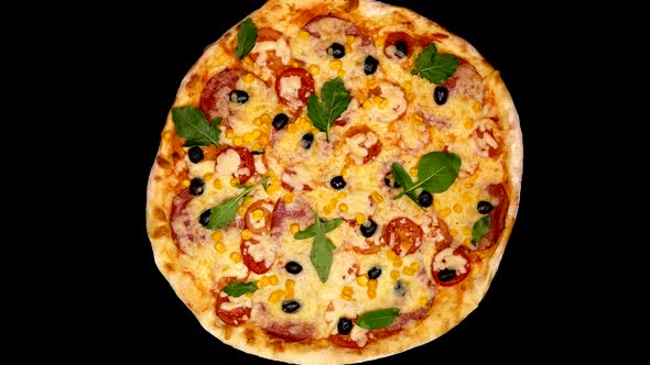 Pizza Close-up. Delivery of Products. Pizza with Cheese, Tomatoes and Olives