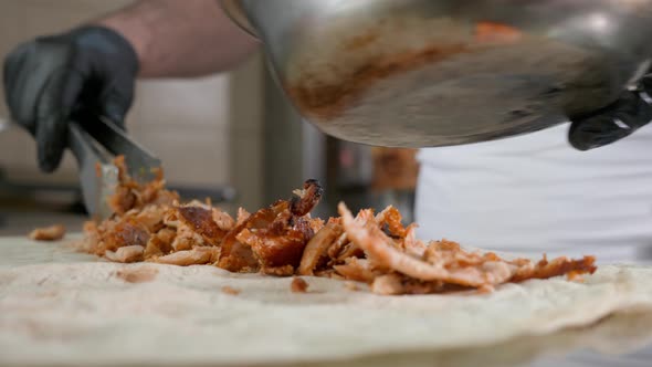 Professional Chef is Making Shawarma at Fast Food Cafe Closeup