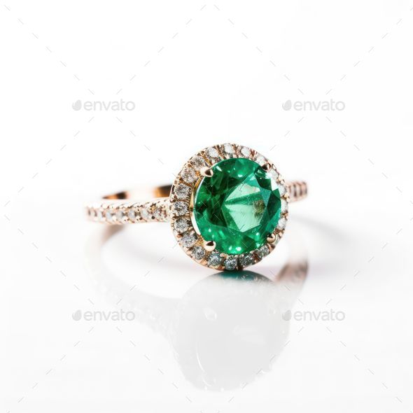 Beautiful emerald ring with sparkling diamonds isolated on a white background.