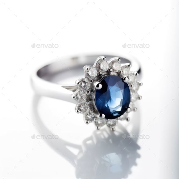 Beautiful sapphire ring with diamonds isolated on a white background.