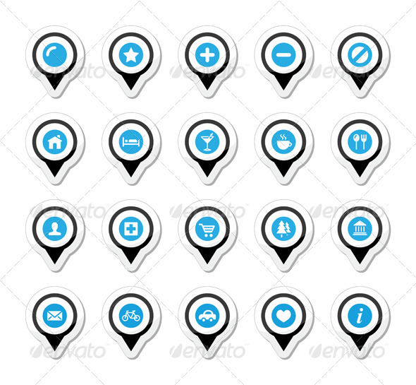 Map location markers, pointers vector icons set - Travel Conceptual